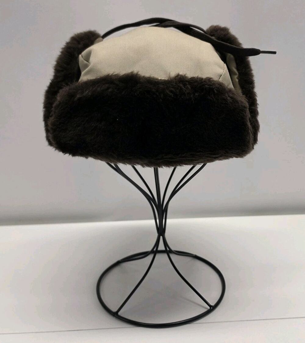 Vintage 70s Mens Canvas Faux Fur Trim Winter Trapper Hat Retro USA Size Medium